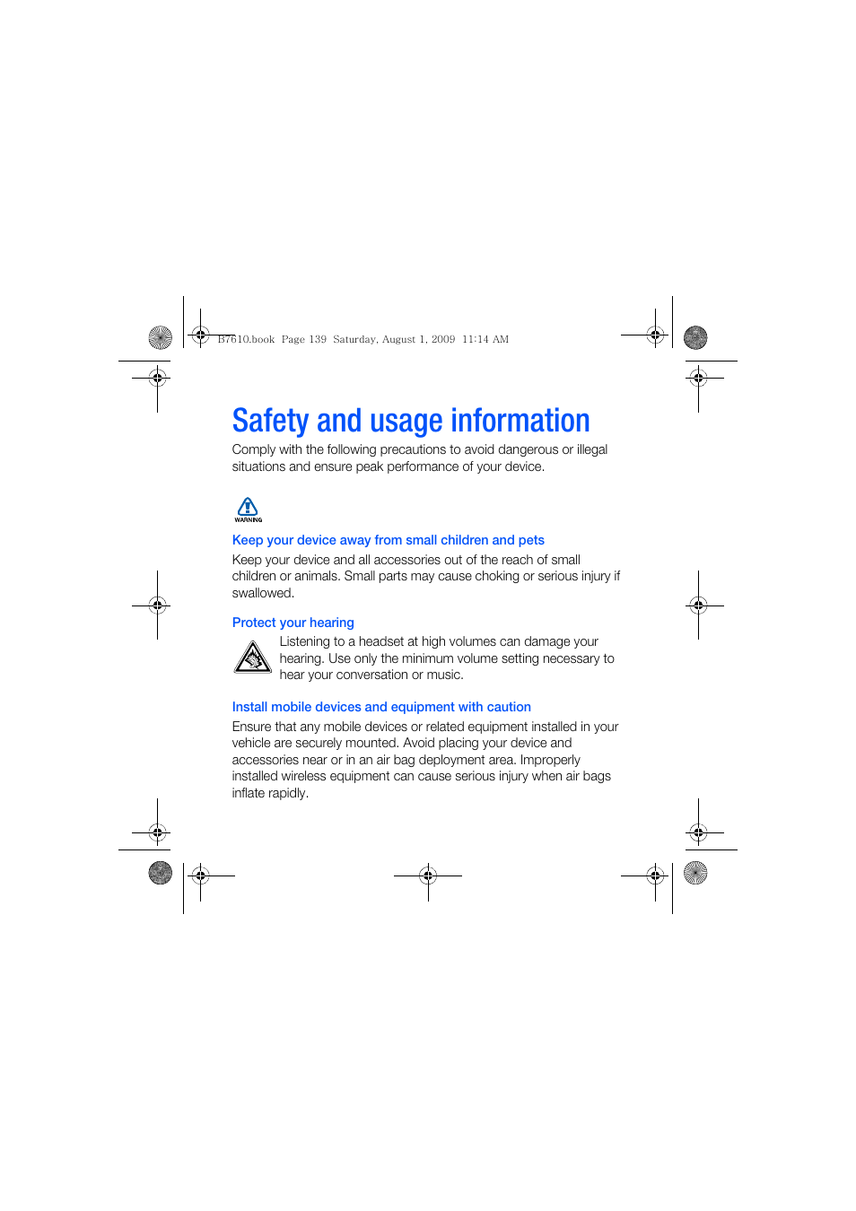 Safety and usage information, Safety warnings | Sanyo GH68-24473A User Manual | Page 140 / 158