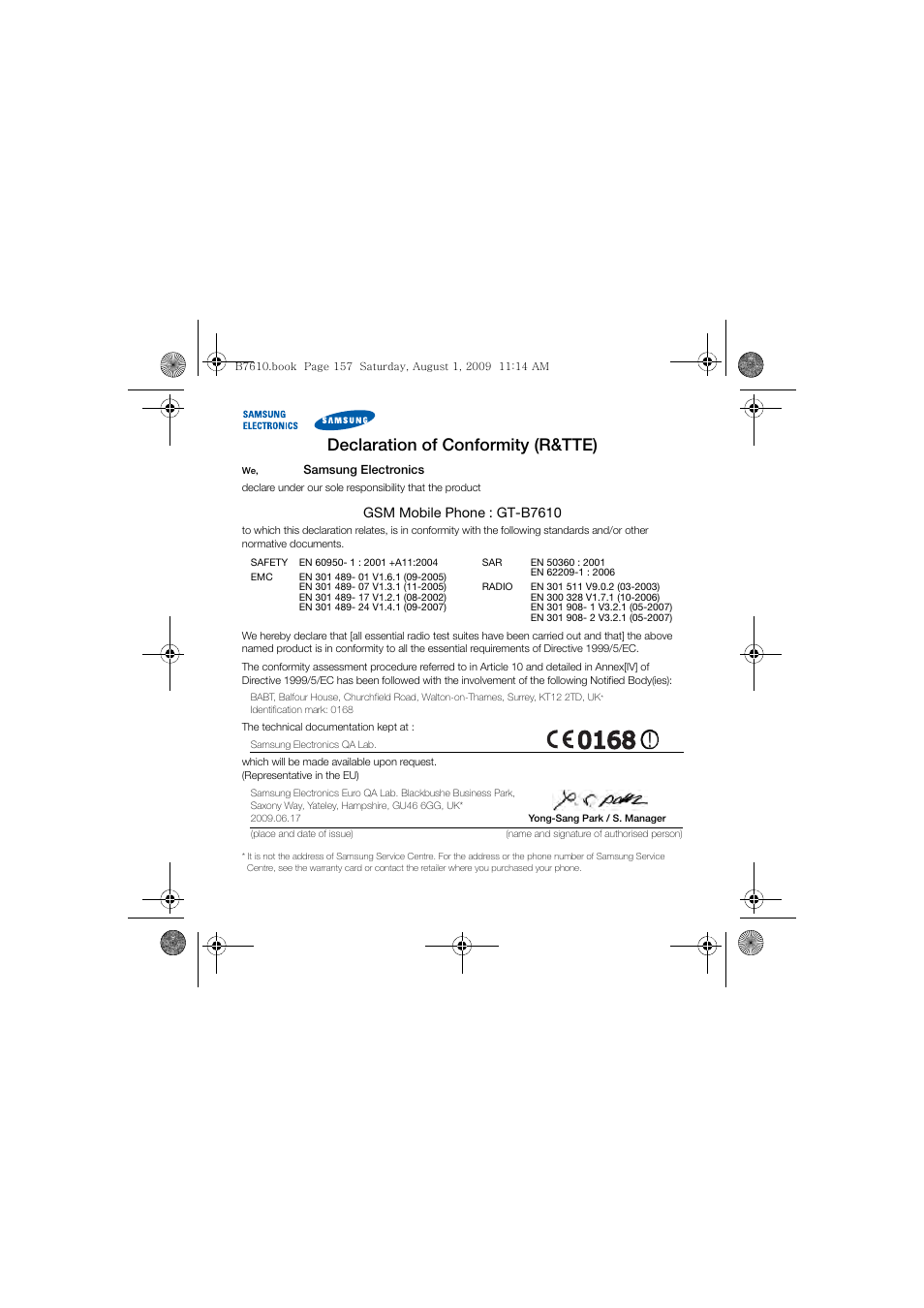 Declaration of conformity (r&tte), Gsm mobile phone : gt-b7610 | Sanyo GH68-24473A User Manual | Page 158 / 158