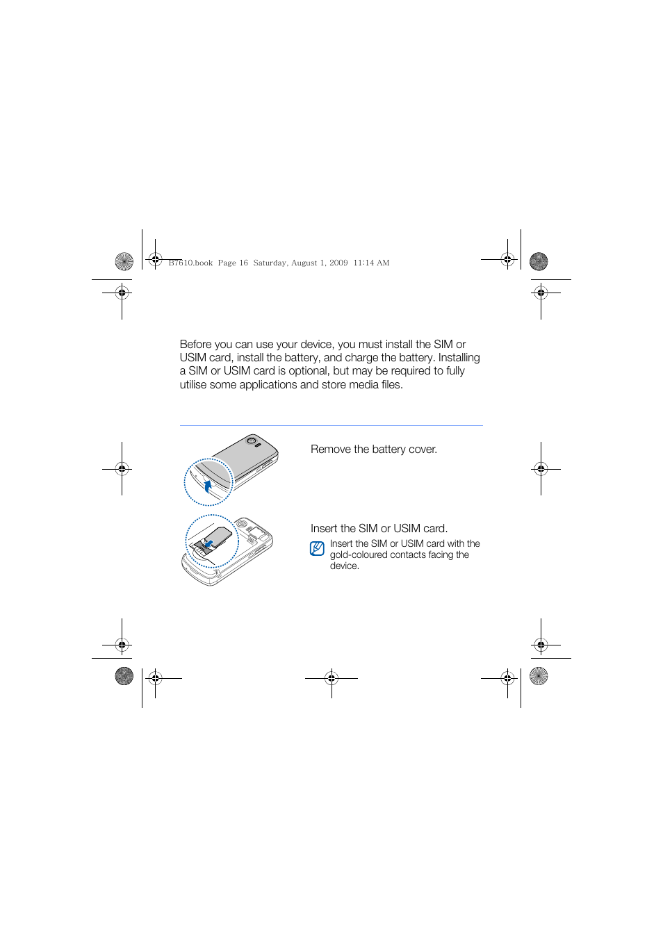 Assemble and prepare your device, Insert the sim or usim card and battery | Sanyo GH68-24473A User Manual | Page 17 / 158