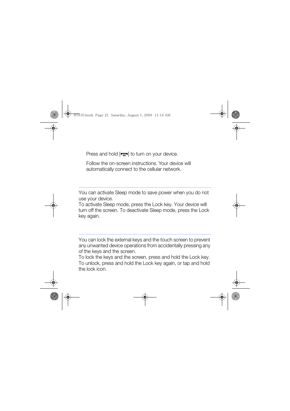 Turn on your device for first time, Activate sleep mode, Lock external keys and touch screen | Sanyo GH68-24473A User Manual | Page 22 / 158