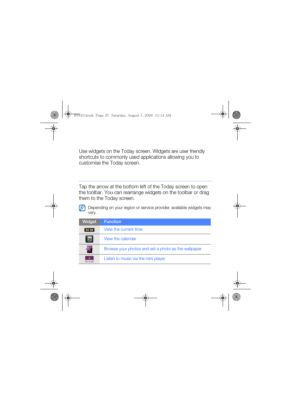 Use widgets, Open the toolbar | Sanyo GH68-24473A User Manual | Page 28 / 158