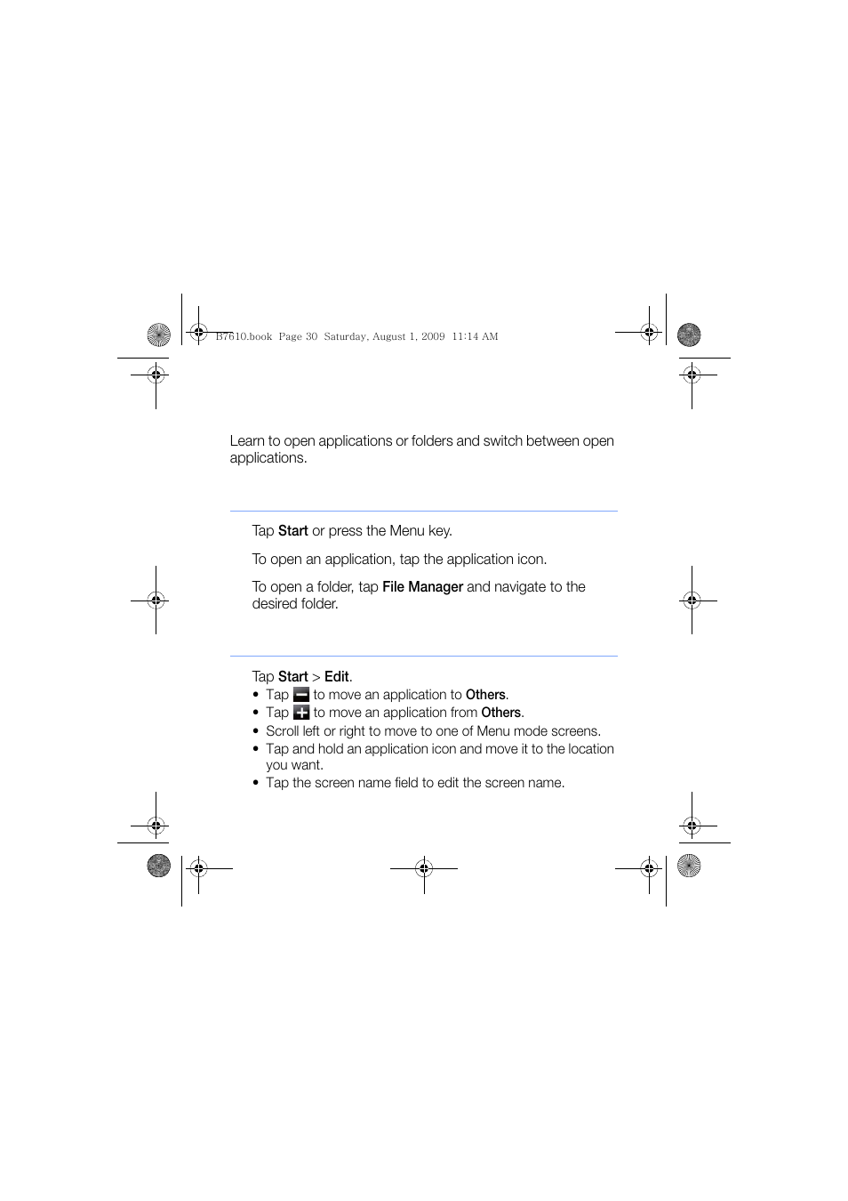 Work with applications, Open applications or folders, Organise applications | Sanyo GH68-24473A User Manual | Page 31 / 158