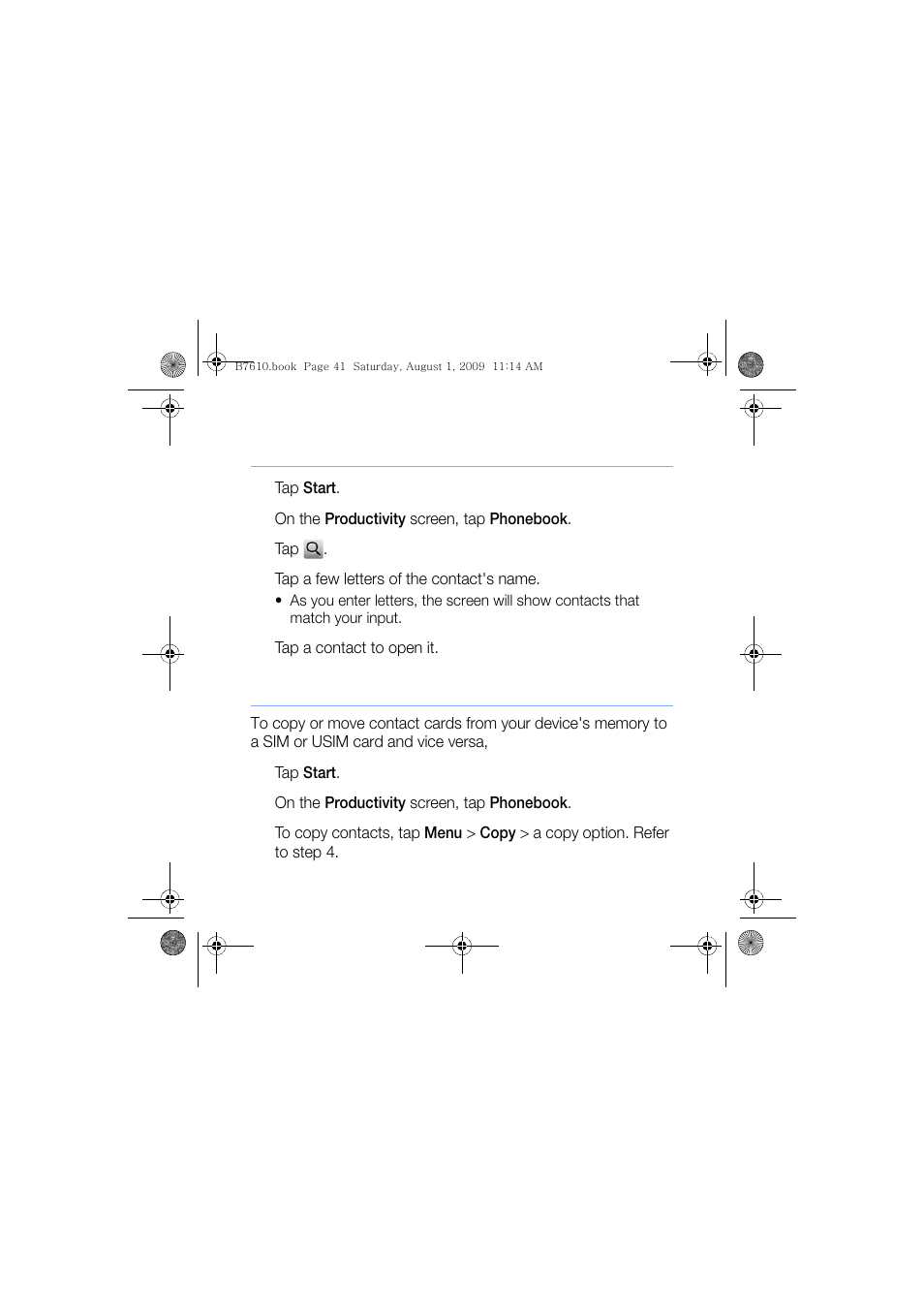 Search for a contact card, Copy or move contact cards | Sanyo GH68-24473A User Manual | Page 42 / 158