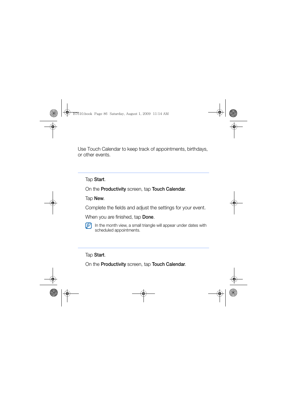 Touch calendar, Create a calendar event, Change the calendar view | Sanyo GH68-24473A User Manual | Page 87 / 158