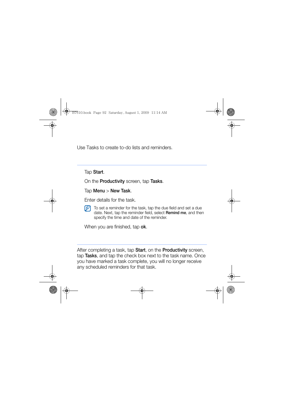 Tasks, Create a task, Mark a task as completed | Sanyo GH68-24473A User Manual | Page 93 / 158