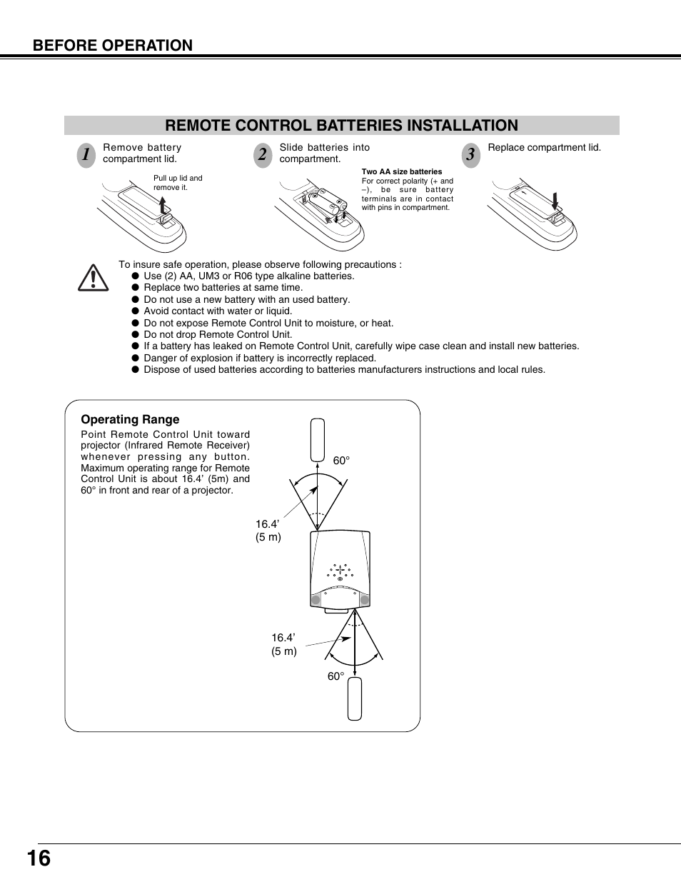 Before operation, Remote control batteries installation | Sanyo PLV75L/PLV-80L User Manual | Page 16 / 60