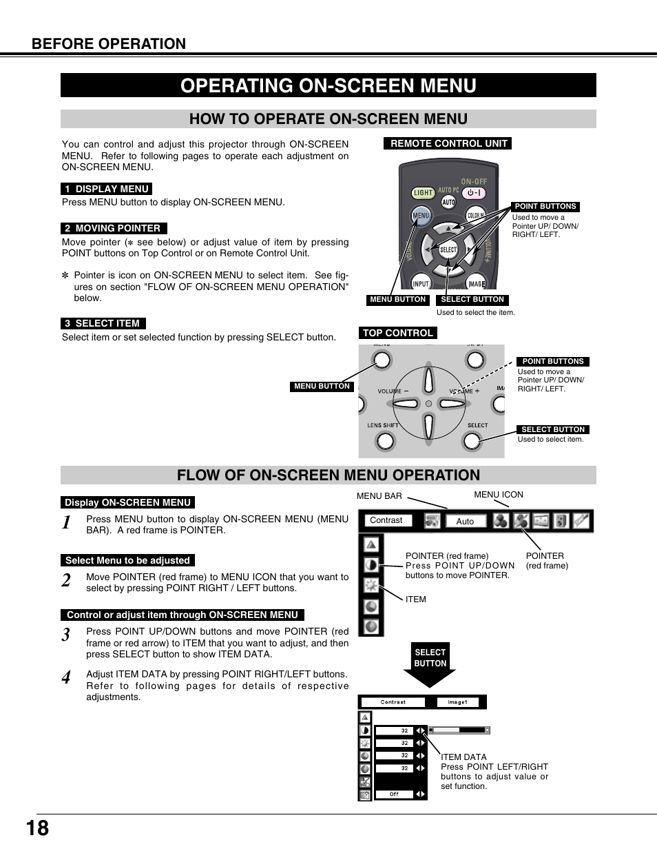 Operating on-screen menu, Before operation how to operate on-screen menu, Flow of on-screen menu operation | Sanyo PLV75L/PLV-80L User Manual | Page 18 / 60