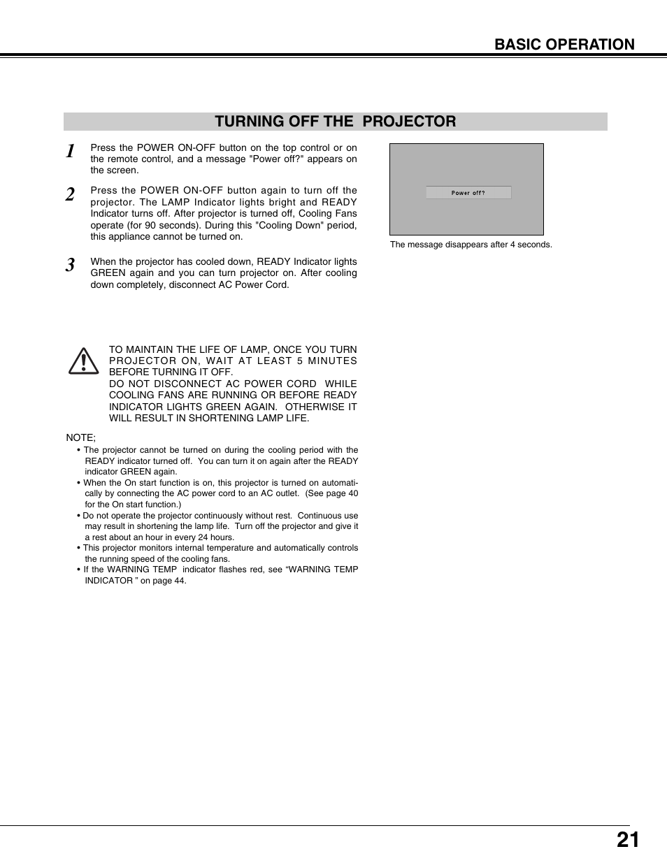 Basic operation, Turning off the projector | Sanyo PLV75L/PLV-80L User Manual | Page 21 / 60