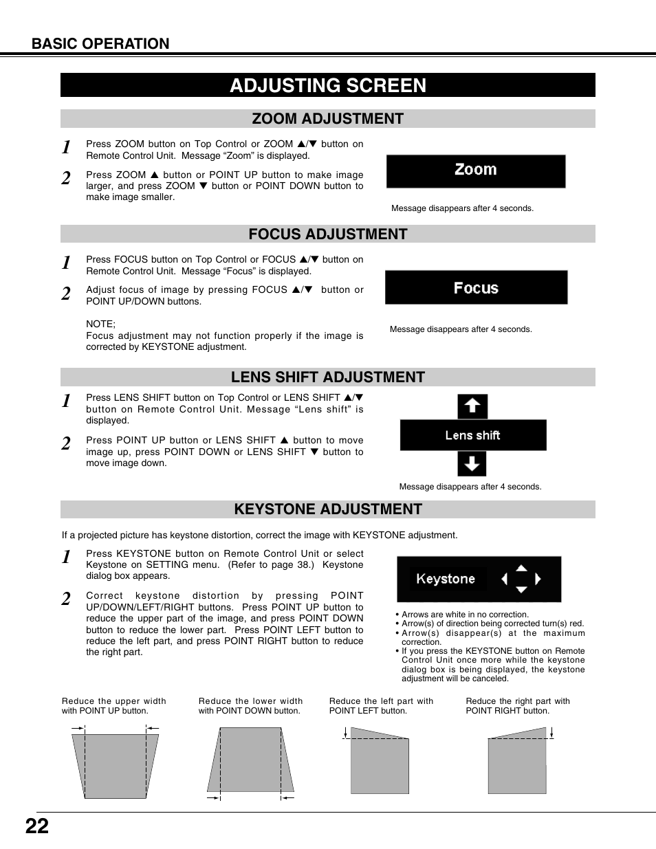 Adjusting screen, Basic operation, Zoom adjustment focus adjustment | Lens shift adjustment, Keystone adjustment | Sanyo PLV75L/PLV-80L User Manual | Page 22 / 60