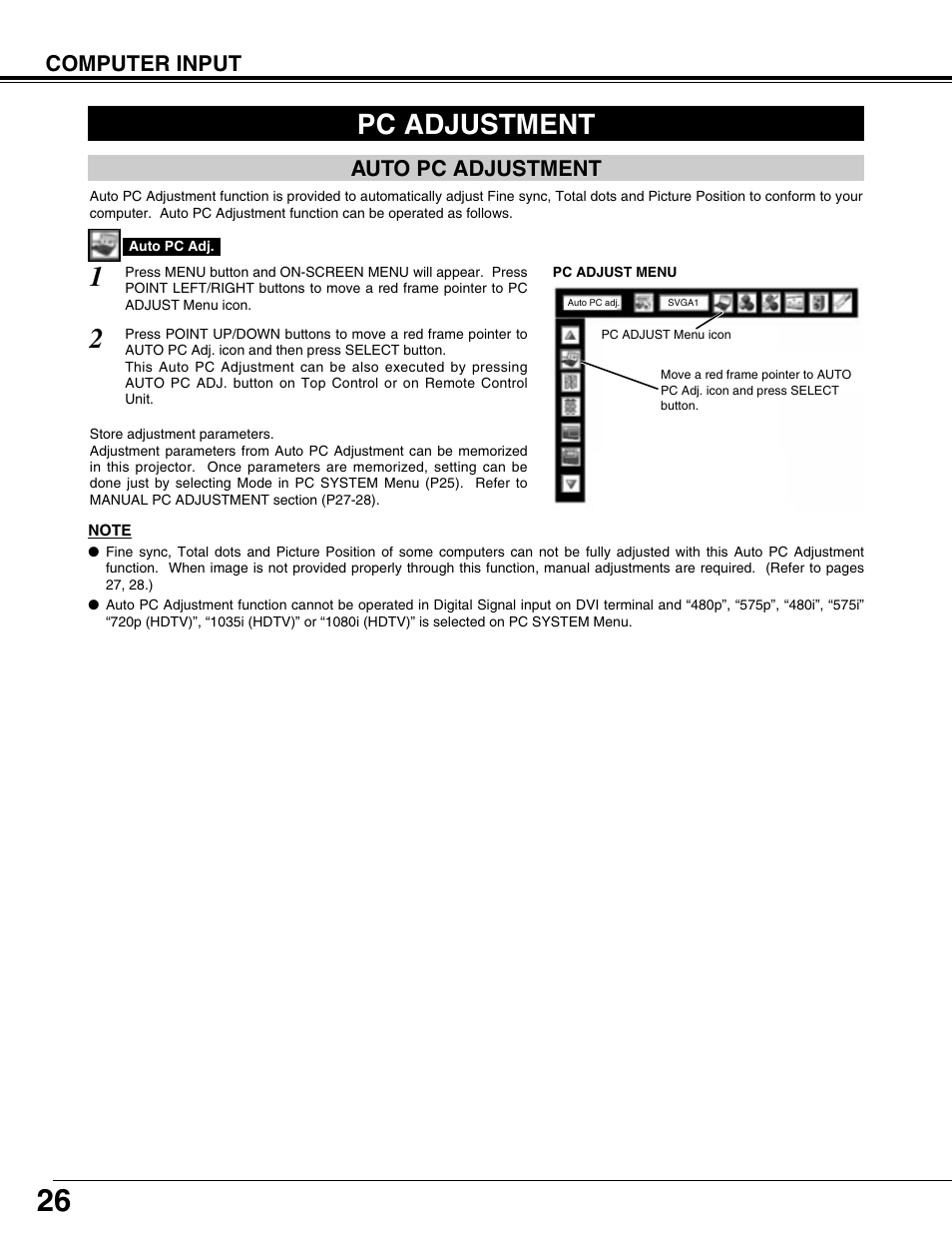 Pc adjustment, Computer input, Auto pc adjustment | Sanyo PLV75L/PLV-80L User Manual | Page 26 / 60