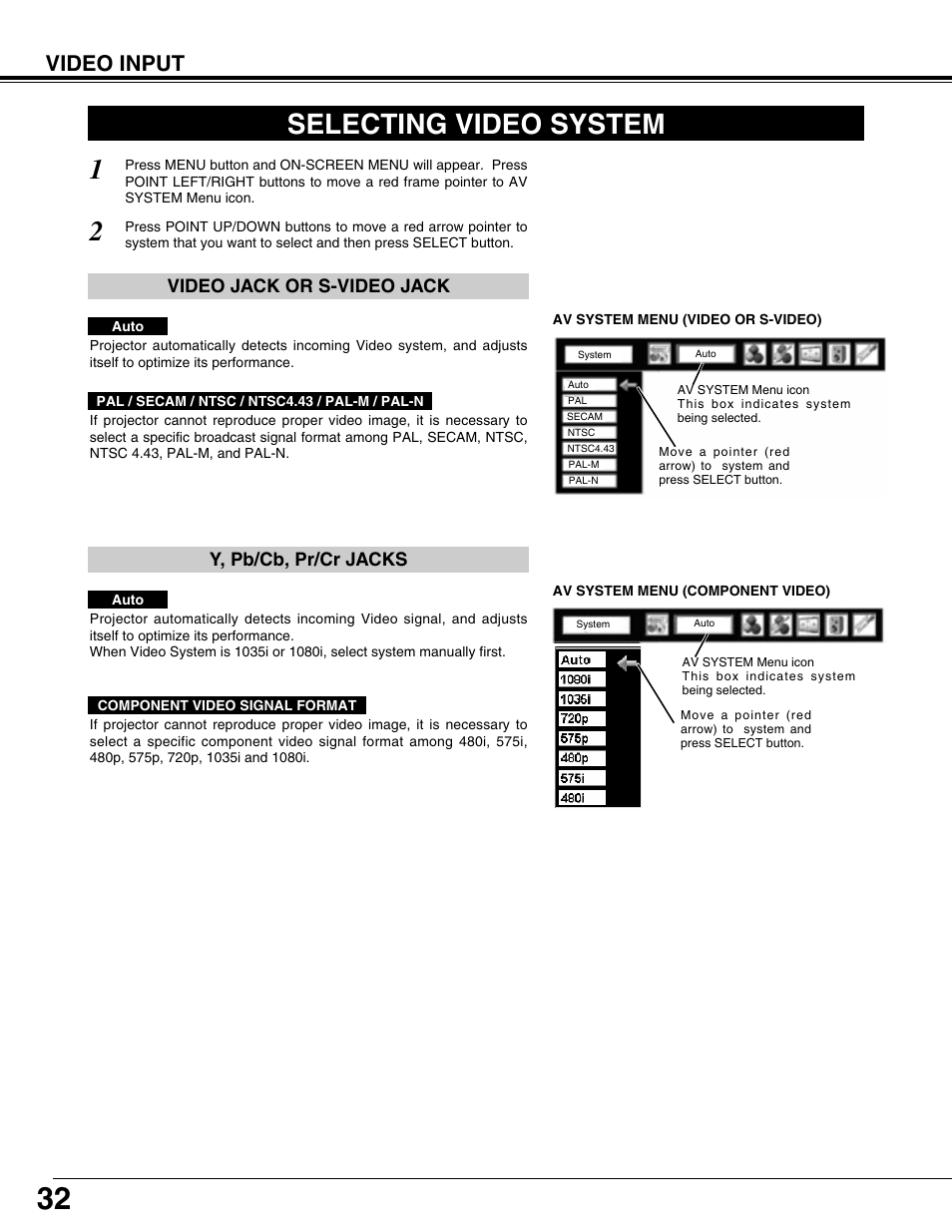 Selecting video system, Video input | Sanyo PLV75L/PLV-80L User Manual | Page 32 / 60