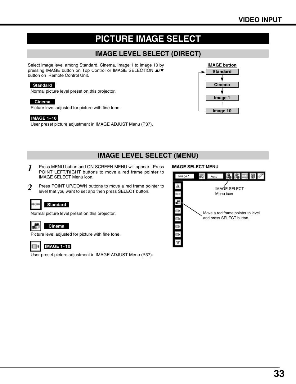 Picture image select, Video input, Image level select (menu) | Image level select (direct) | Sanyo PLV75L/PLV-80L User Manual | Page 33 / 60