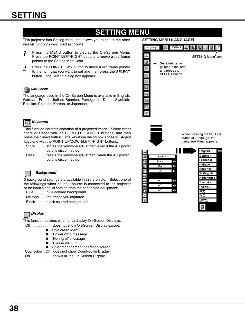 Setting, Setting menu | Sanyo PLV75L/PLV-80L User Manual | Page 38 / 60