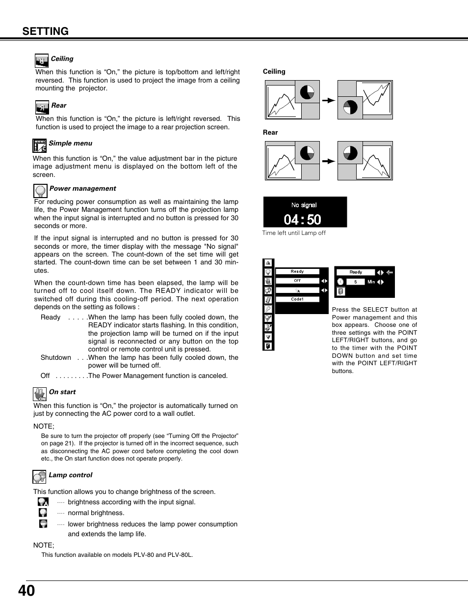 Setting | Sanyo PLV75L/PLV-80L User Manual | Page 40 / 60