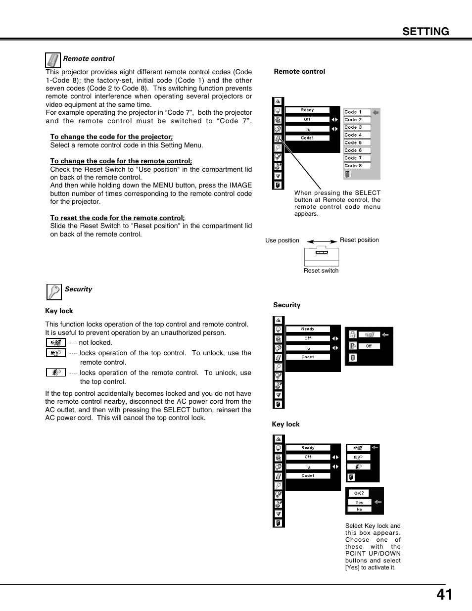 Setting | Sanyo PLV75L/PLV-80L User Manual | Page 41 / 60