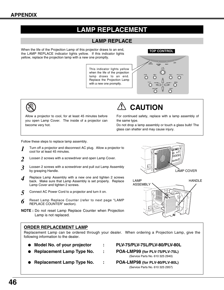 Caution, Lamp replacement | Sanyo PLV75L/PLV-80L User Manual | Page 46 / 60