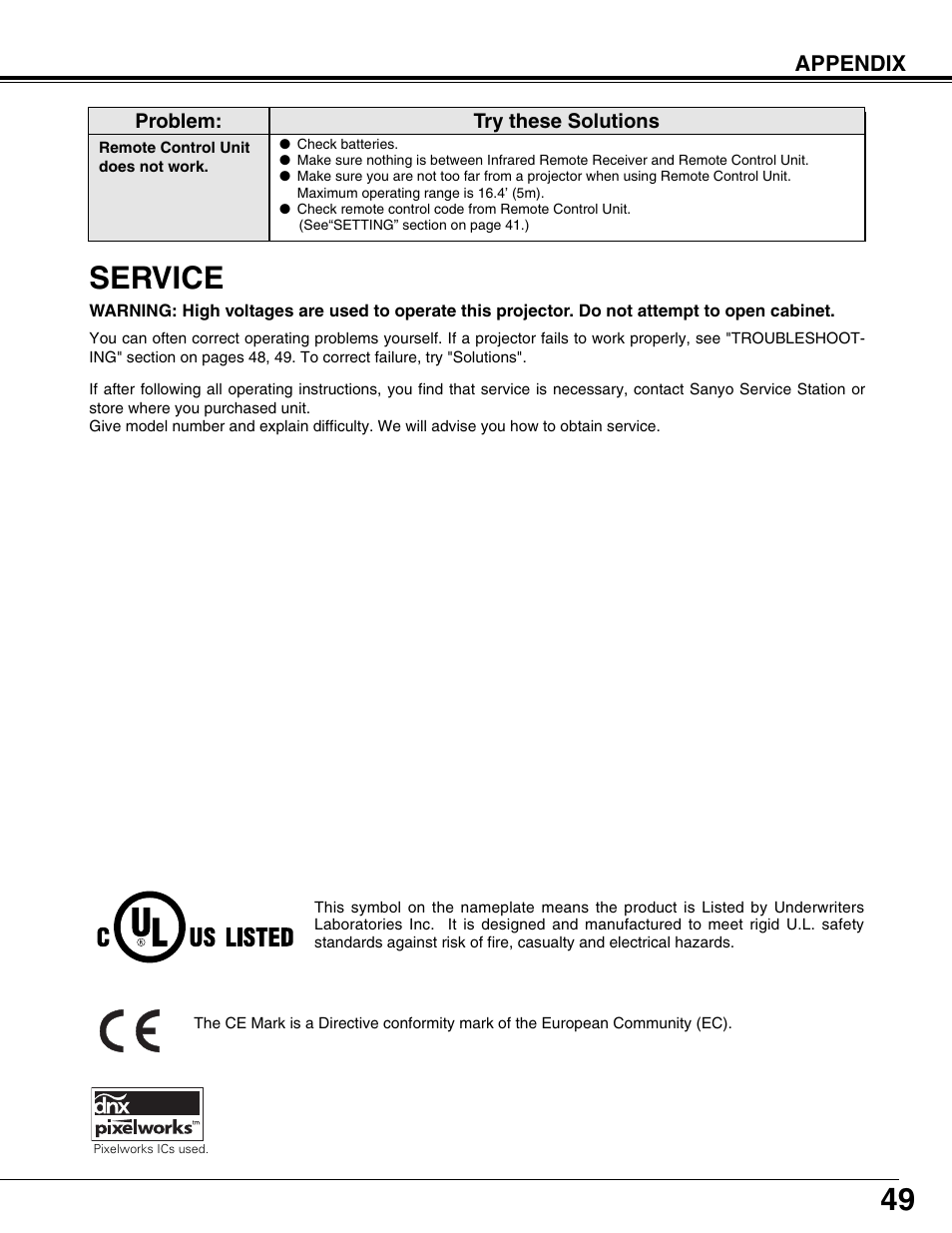 Service, Appendix | Sanyo PLV75L/PLV-80L User Manual | Page 49 / 60