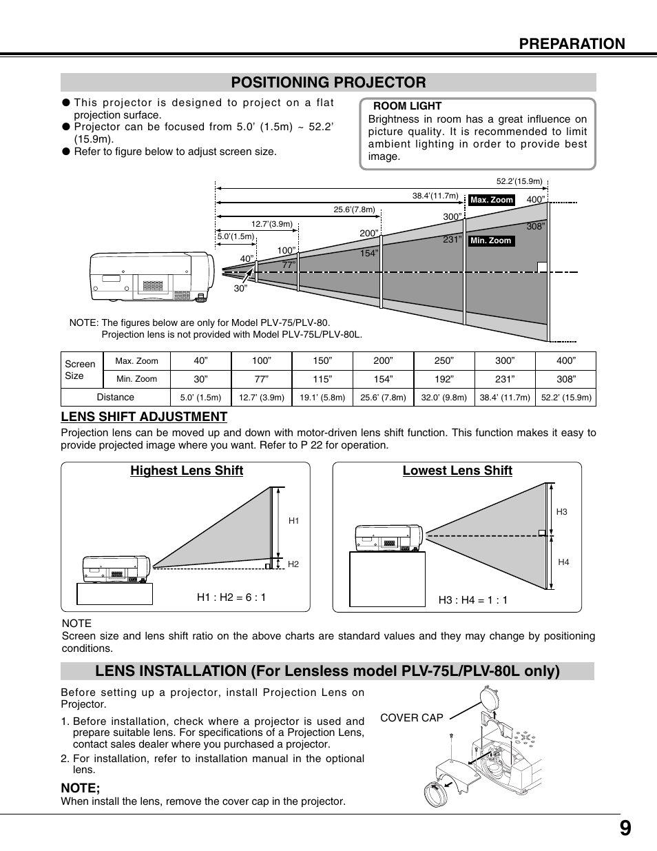 Preparation positioning projector, Lens shift adjustment, Highest lens shift lowest lens shift | Sanyo PLV75L/PLV-80L User Manual | Page 9 / 60