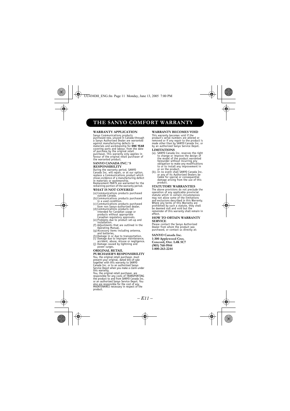 The sanyo comfort warranty | Sanyo CLT-OHE40 User Manual | Page 11 / 12