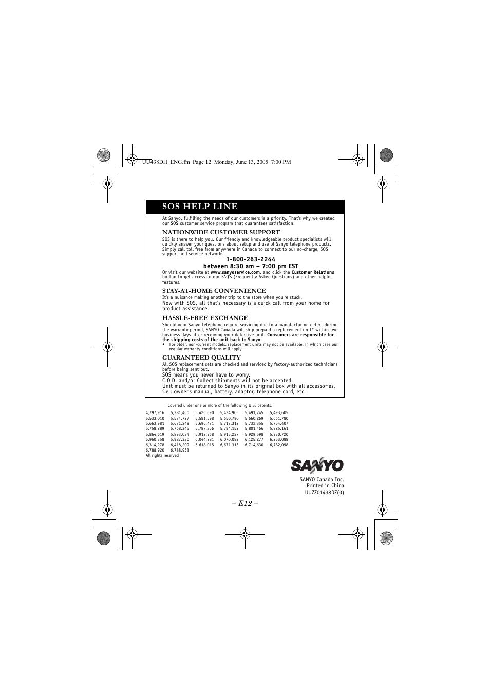 Sos help line | Sanyo CLT-OHE40 User Manual | Page 12 / 12