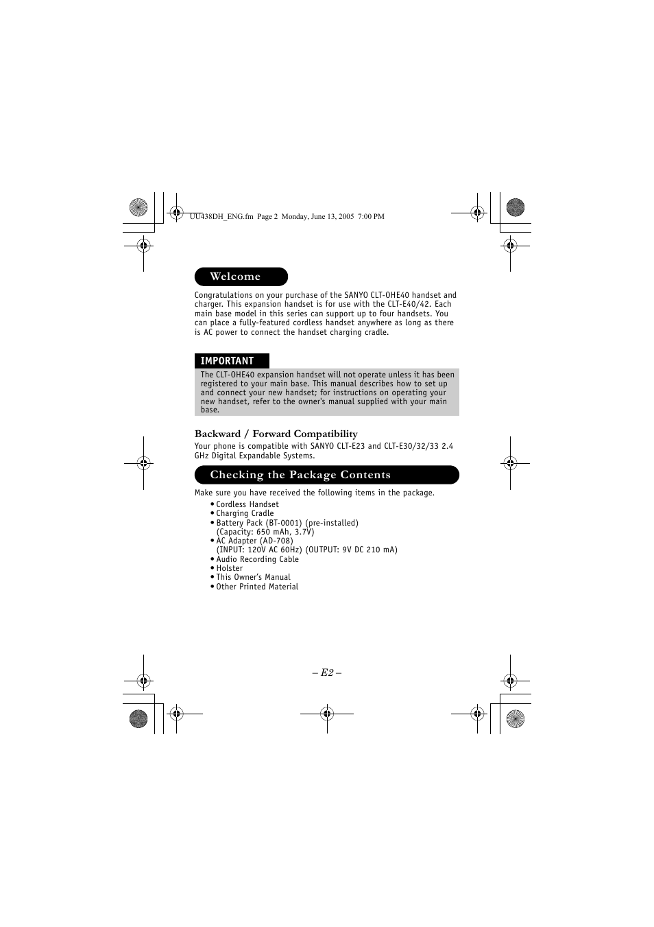 Welcome, Checking the package contents | Sanyo CLT-OHE40 User Manual | Page 2 / 12