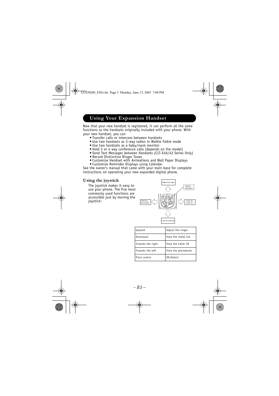 Using your expansion handset, Using the joystick | Sanyo CLT-OHE40 User Manual | Page 5 / 12