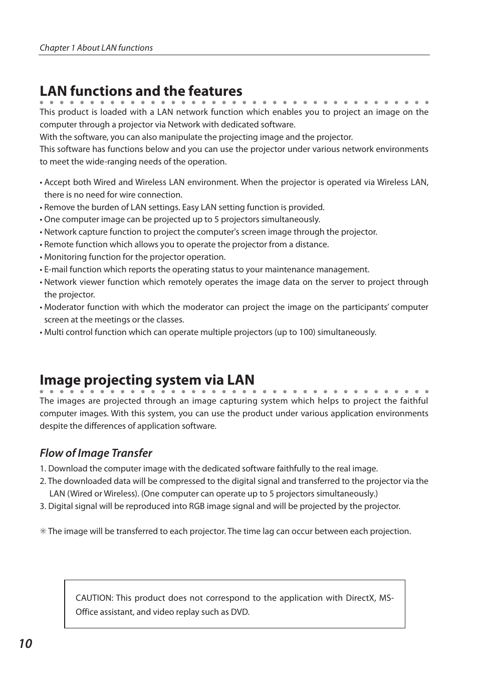 Lan functions and the features, Image projecting system via lan | Sanyo SO-WIN-KF3AC User Manual | Page 10 / 144