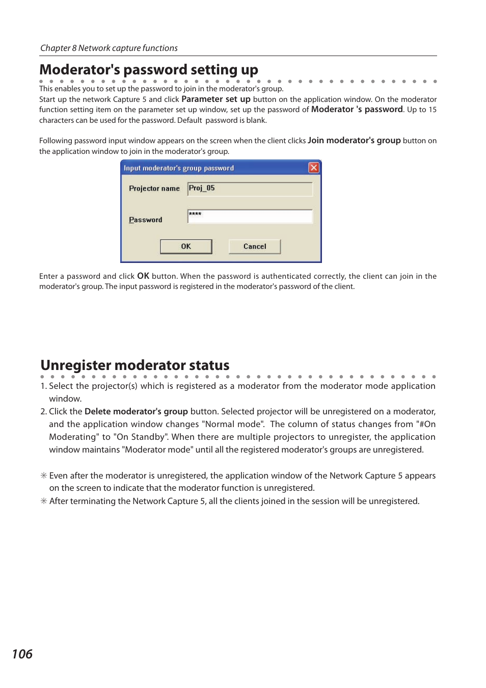 Moderator's password setting up, Unregister moderator status | Sanyo SO-WIN-KF3AC User Manual | Page 106 / 144