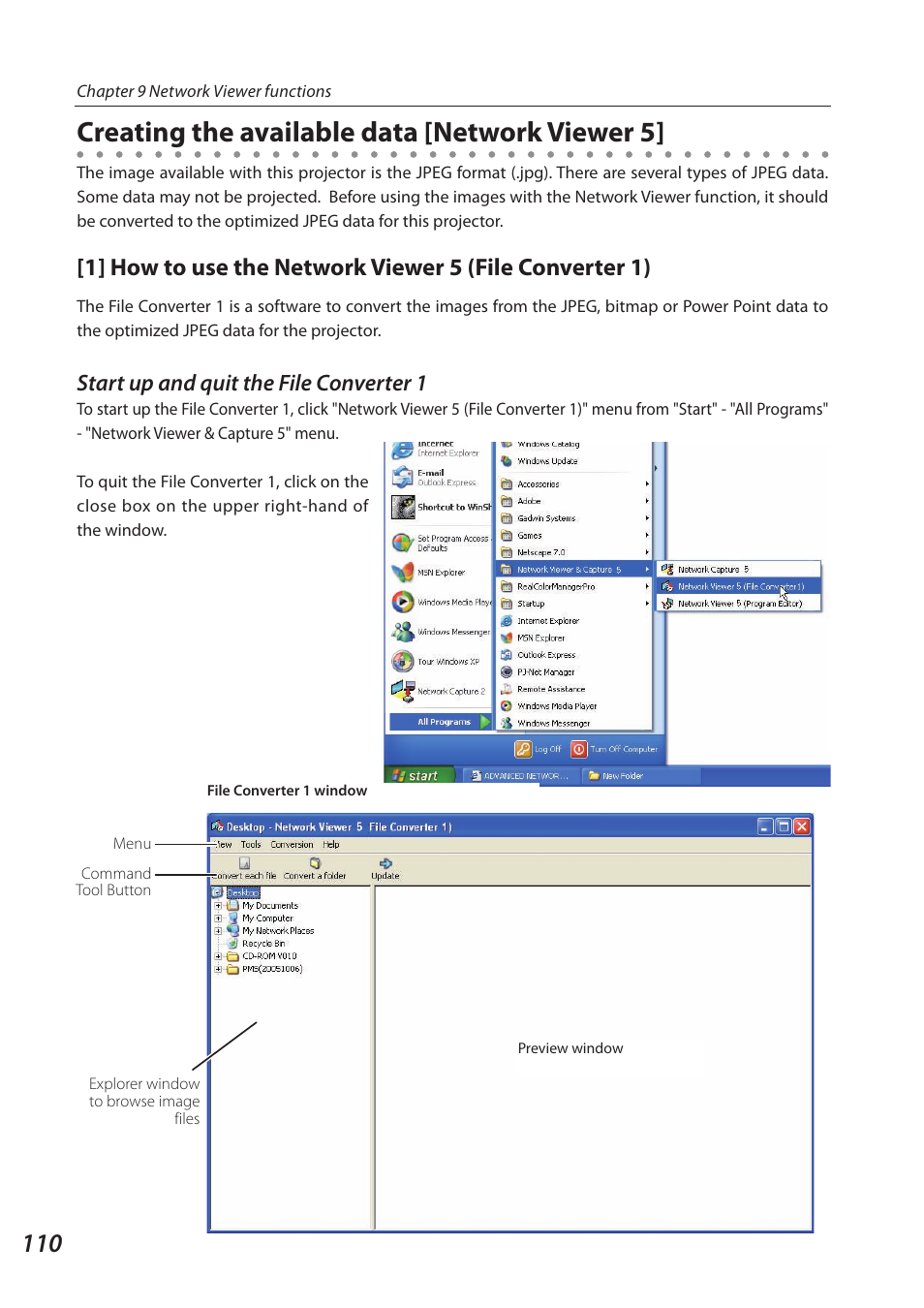 Creating the available data [network viewer 5, Start up and quit the file converter 1 | Sanyo SO-WIN-KF3AC User Manual | Page 110 / 144