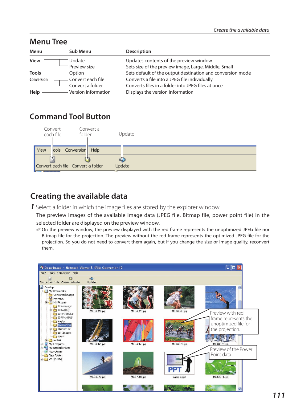 111 creating the available data 1, Menu tree, Command tool button | Sanyo SO-WIN-KF3AC User Manual | Page 111 / 144