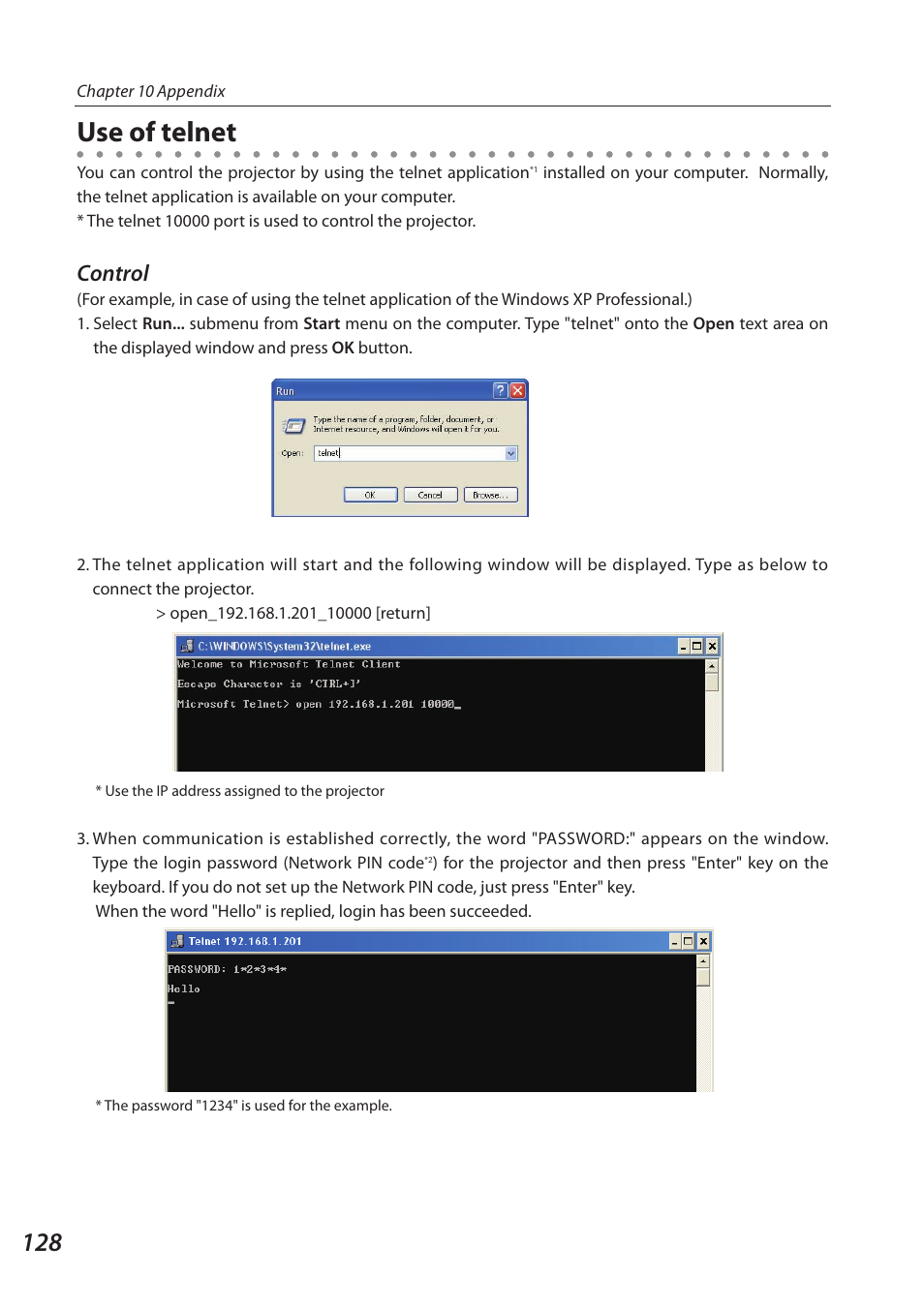 Use of telnet, Control | Sanyo SO-WIN-KF3AC User Manual | Page 128 / 144