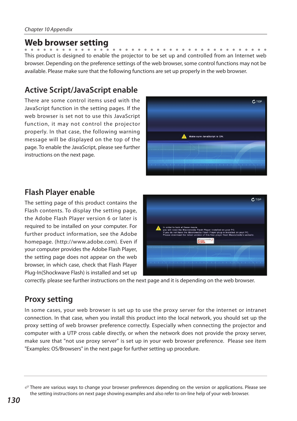 Web browser setting, Active script/javascript enable, Flash player enable | Proxy setting | Sanyo SO-WIN-KF3AC User Manual | Page 130 / 144