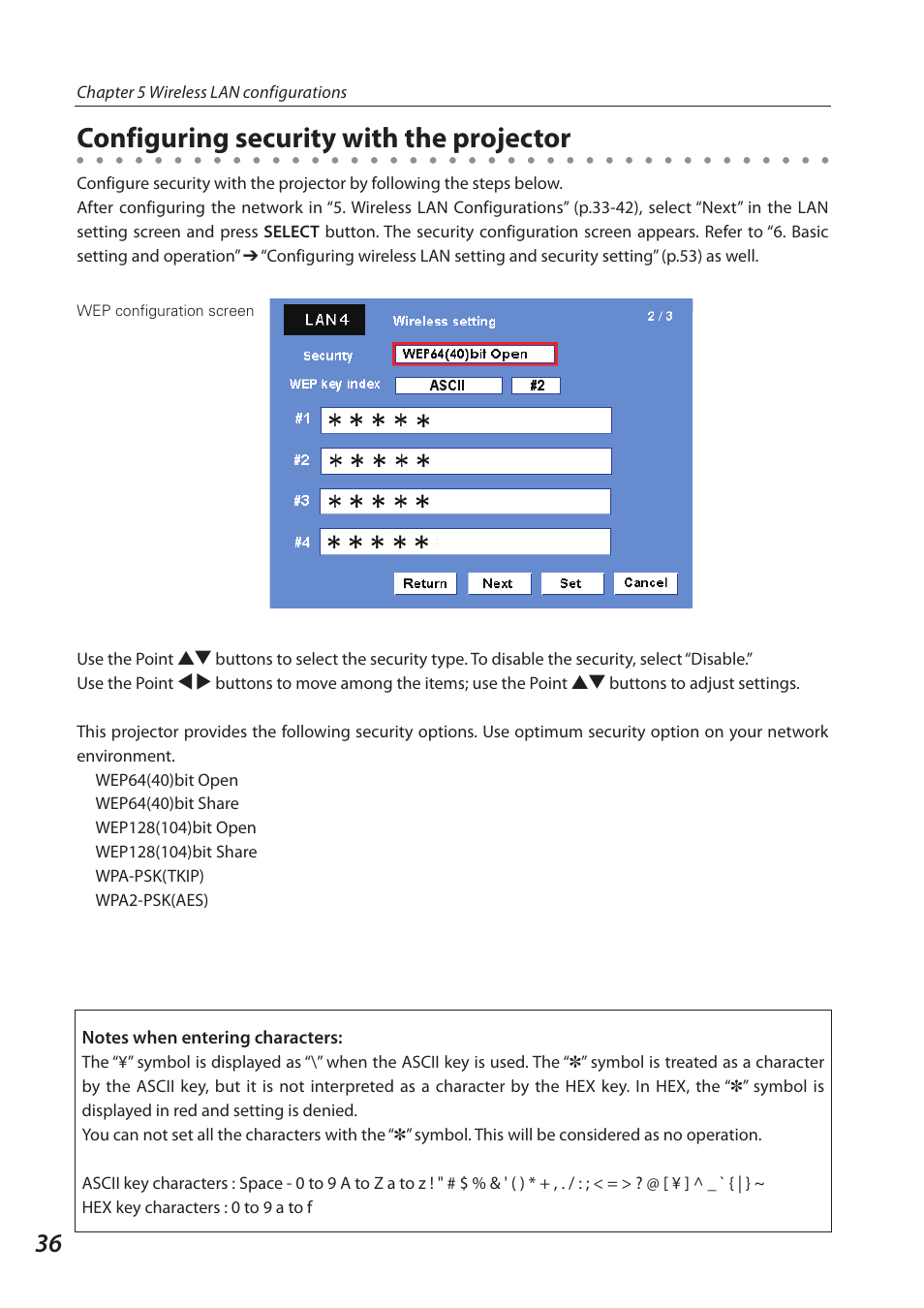 Configuring security with the projector | Sanyo SO-WIN-KF3AC User Manual | Page 36 / 144