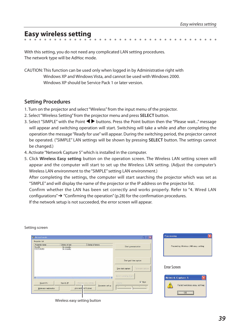 Easy wireless setting | Sanyo SO-WIN-KF3AC User Manual | Page 39 / 144