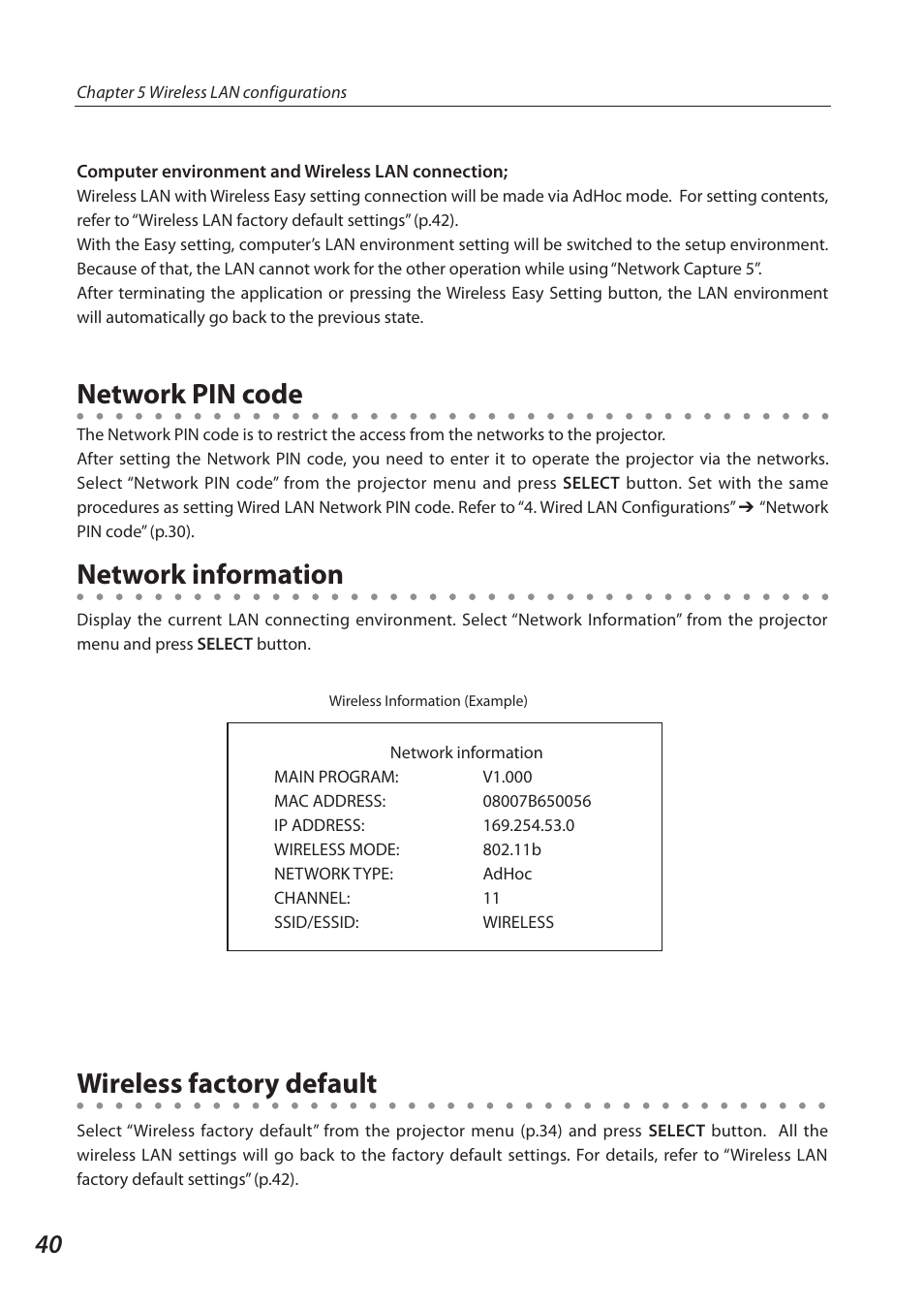 Network pin code, Network information, Wireless factory default | Network information network pin code | Sanyo SO-WIN-KF3AC User Manual | Page 40 / 144