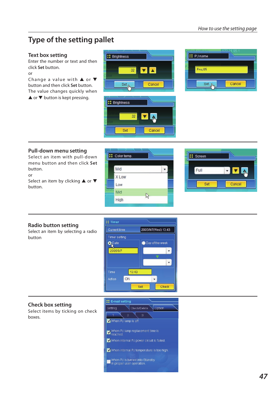 Type of the setting pallet | Sanyo SO-WIN-KF3AC User Manual | Page 47 / 144