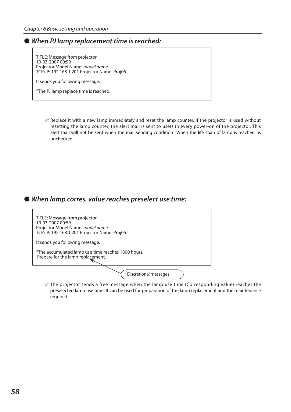 When lamp corres. value reaches preselect use time, When pj lamp replacement time is reached | Sanyo SO-WIN-KF3AC User Manual | Page 58 / 144