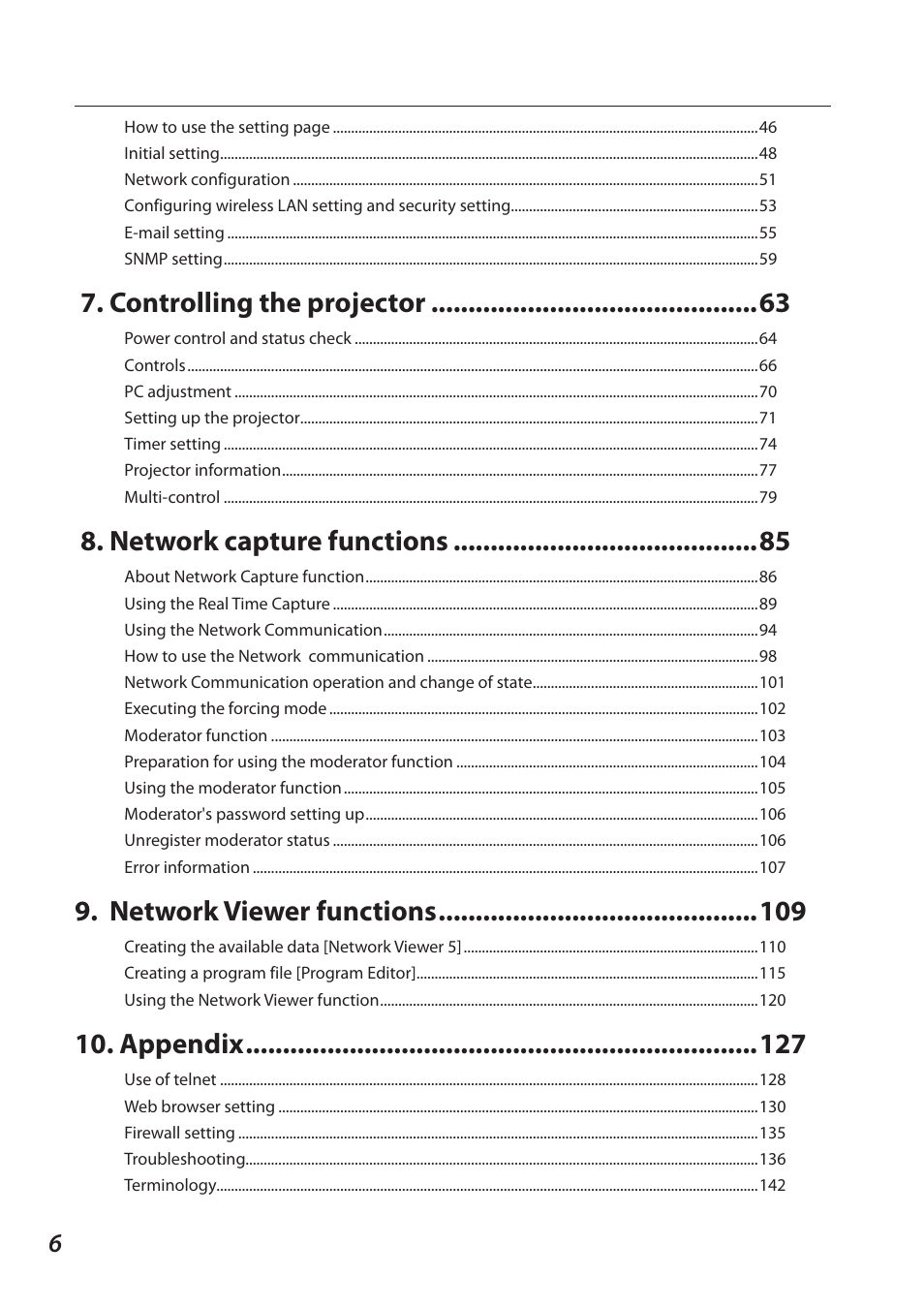 Controlling the projector, Network capture functions, Network viewer functions | Appendix | Sanyo SO-WIN-KF3AC User Manual | Page 6 / 144