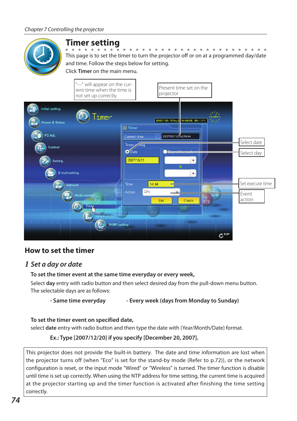 Timer setting, How to set the timer, Set a day or date | Sanyo SO-WIN-KF3AC User Manual | Page 74 / 144