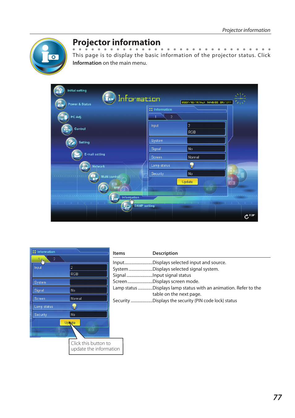 Projector information | Sanyo SO-WIN-KF3AC User Manual | Page 77 / 144