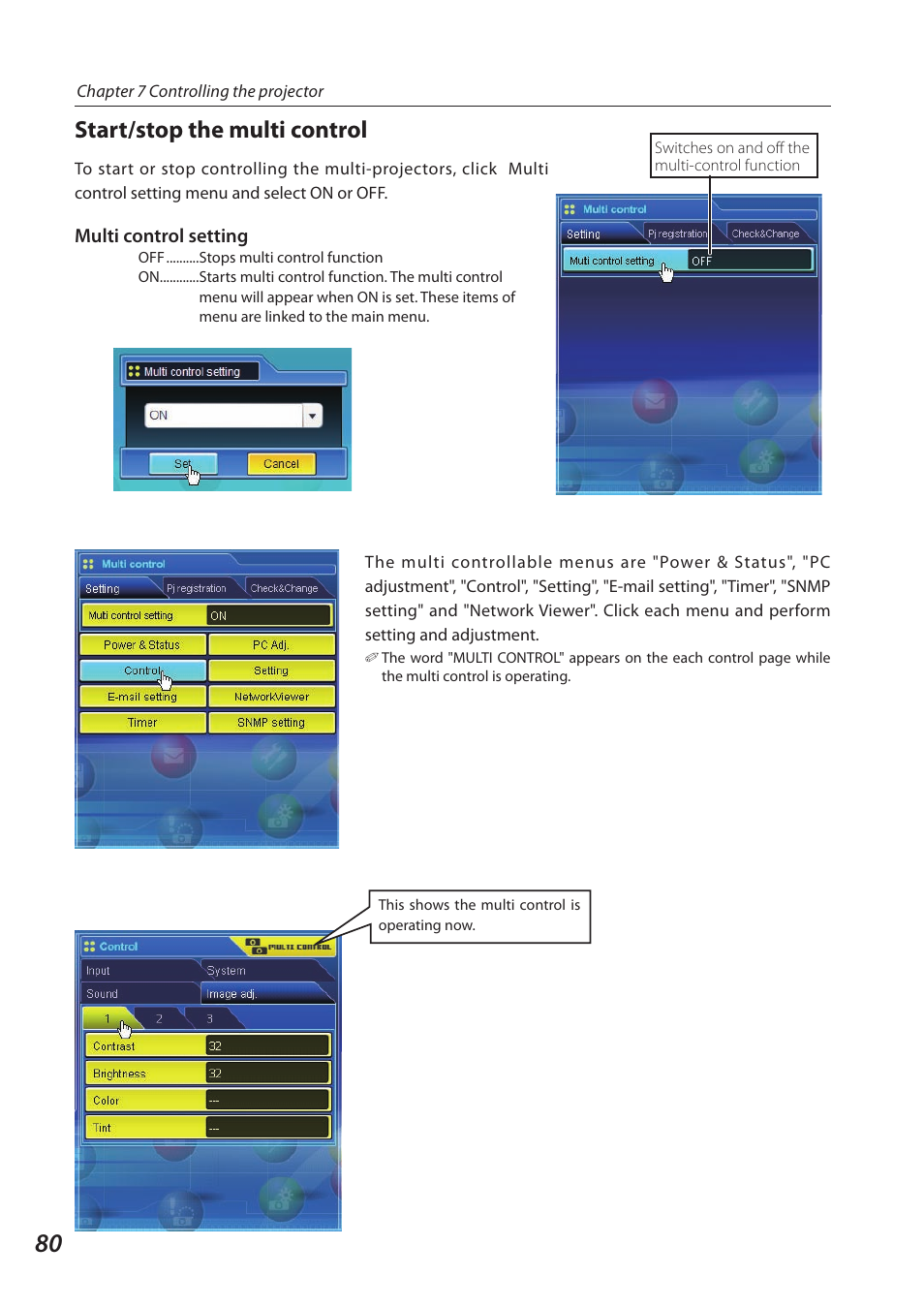 Start/stop the multi control | Sanyo SO-WIN-KF3AC User Manual | Page 80 / 144