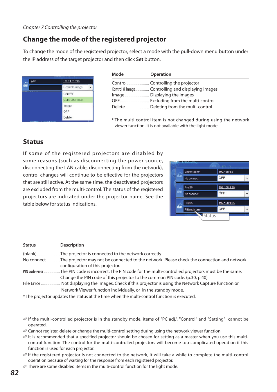 Status, Change the mode of the registered projector | Sanyo SO-WIN-KF3AC User Manual | Page 82 / 144