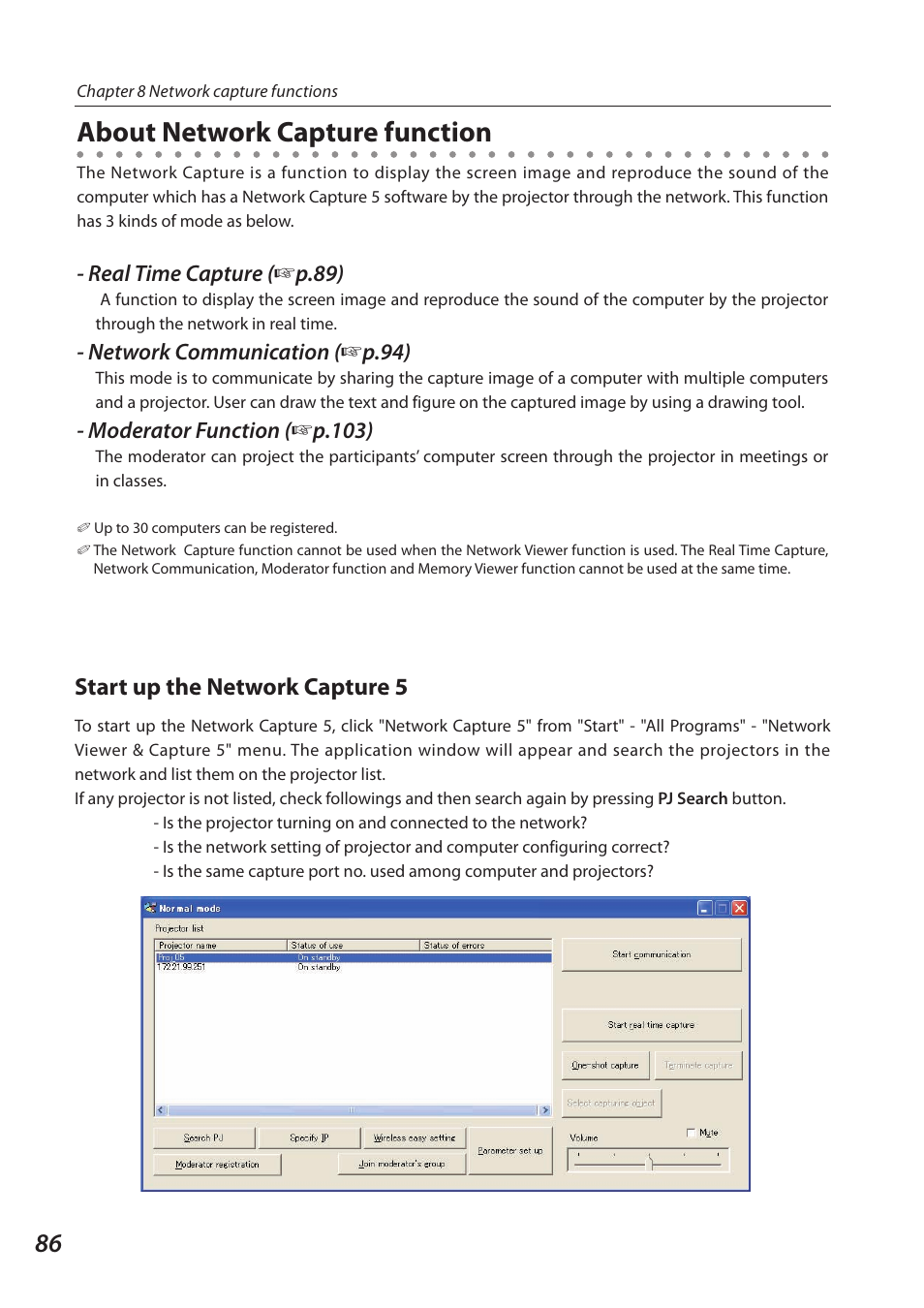 About network capture function, Start up the network capture 5, Real time capture ( + p.) | Network communication ( + p.), Moderator function ( + p.10) | Sanyo SO-WIN-KF3AC User Manual | Page 86 / 144