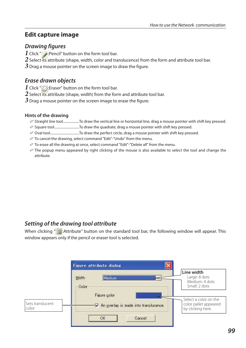 Edit capture image, Setting of the drawing tool attribute, Drawing figures | Erase drawn objects | Sanyo SO-WIN-KF3AC User Manual | Page 99 / 144