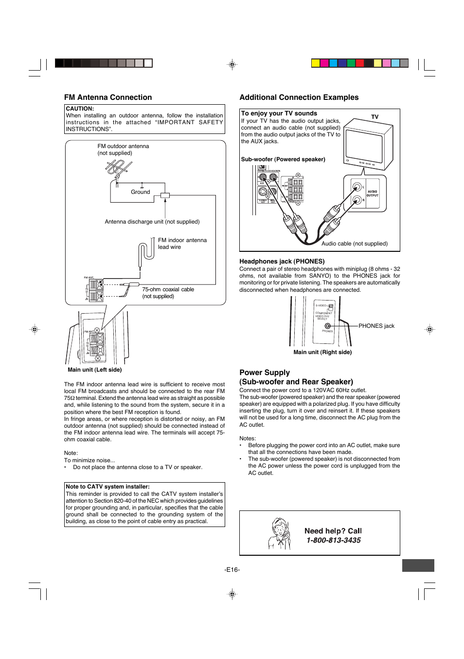 Fm antenna connection, Additional connection examples, Power supply (sub-woofer and rear speaker) | Sanyo DWM-4500 User Manual | Page 17 / 44