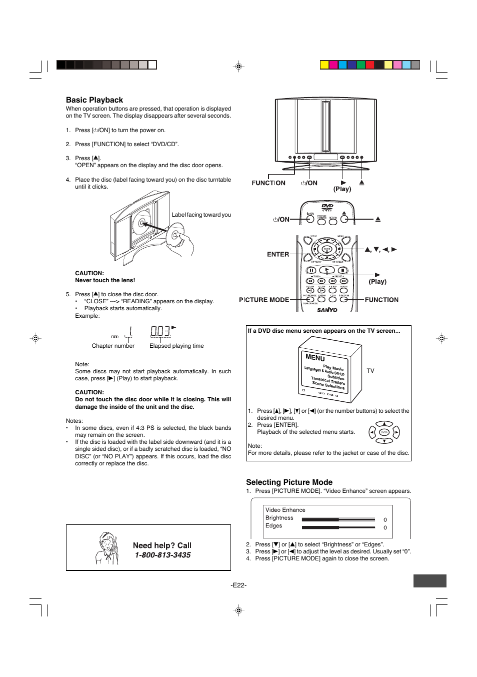 Basic playback, Selecting picture mode | Sanyo DWM-4500 User Manual | Page 23 / 44