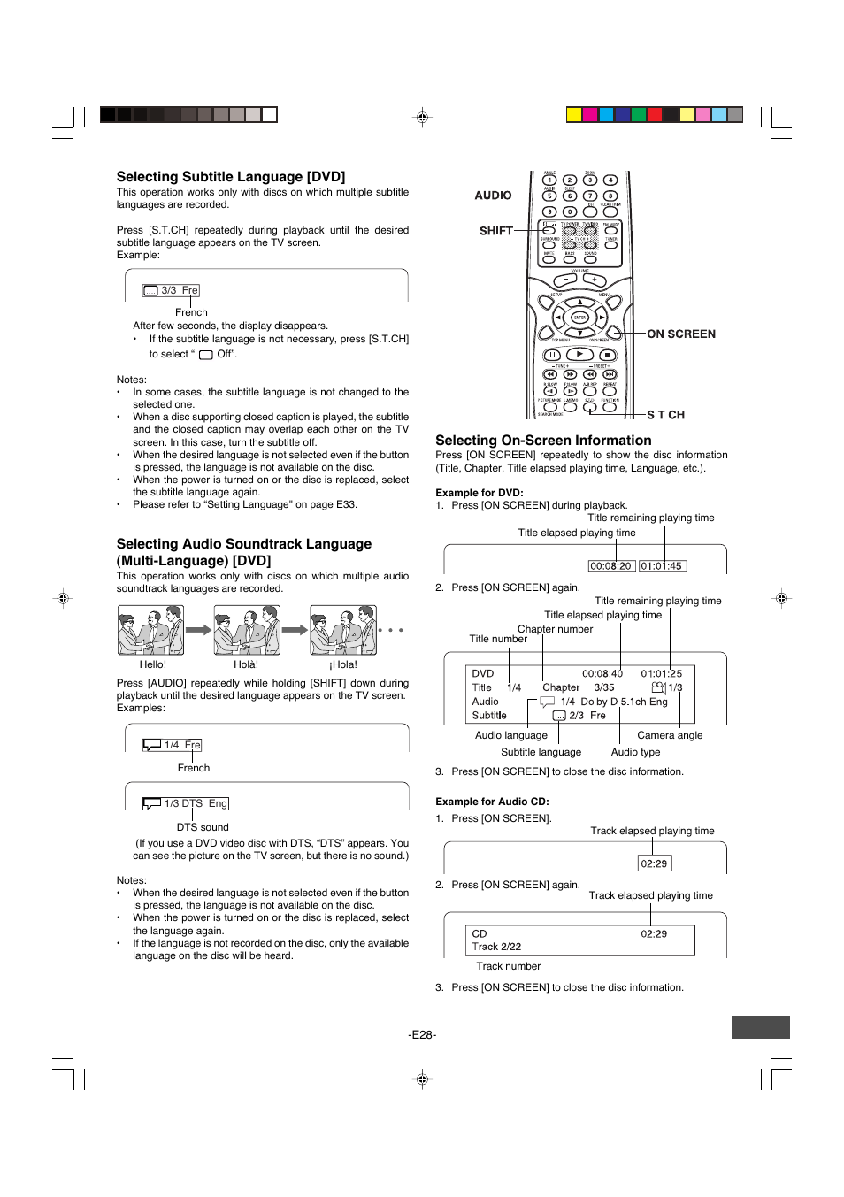 Selecting subtitle language [dvd, Selecting on-screen information | Sanyo DWM-4500 User Manual | Page 29 / 44