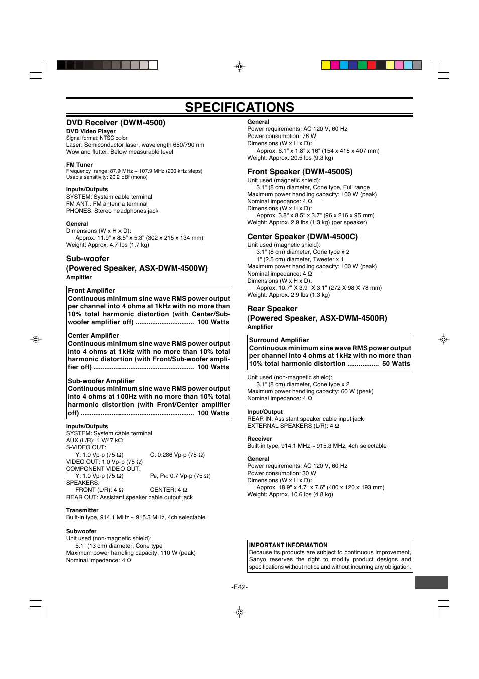 Specifications | Sanyo DWM-4500 User Manual | Page 43 / 44