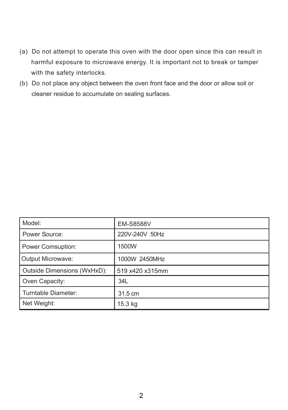 Specifications | Sanyo EM-S8588V User Manual | Page 3 / 20