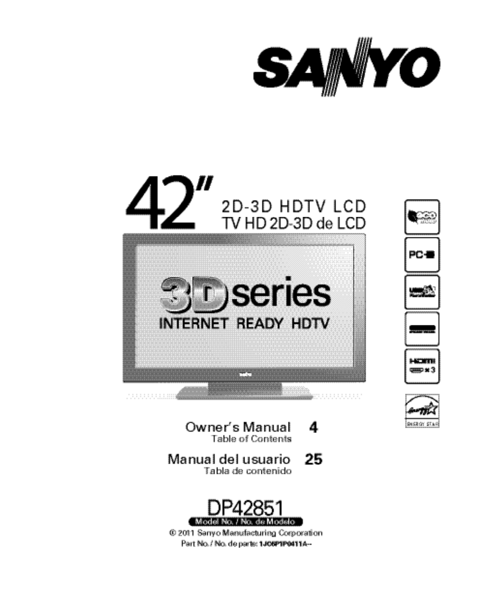 Sanyo 2D-3D HDTV LCD DP42851 User Manual | 40 pages